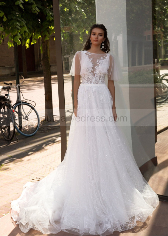 Illusion Neck Ivory Lace Tulle Wedding Dress